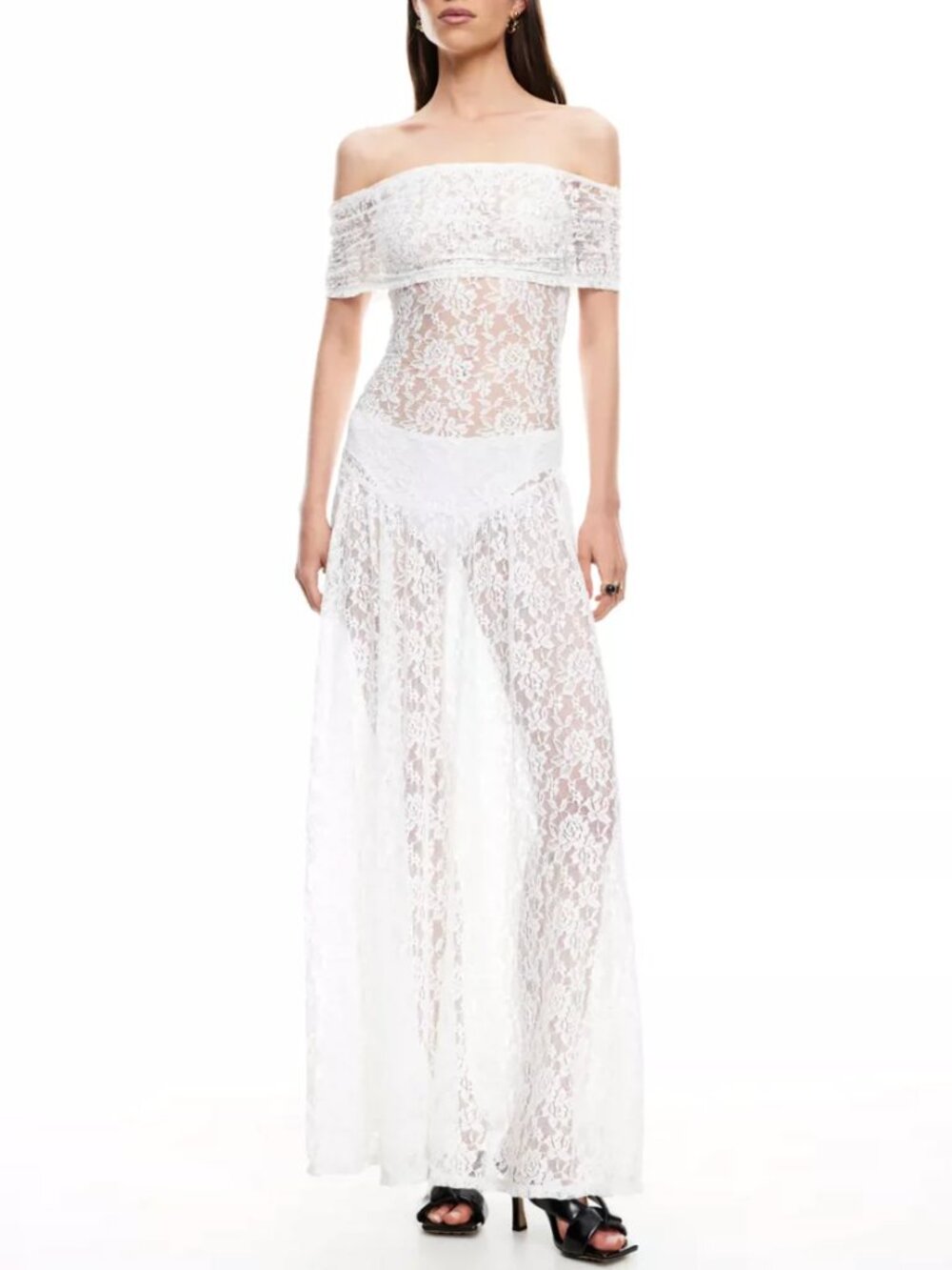 Lioness Field of Dreams Foldover Off the Shoulder Sheer Lace Maxi Dress White/Iv